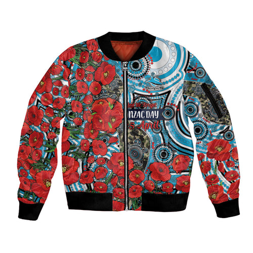Personalised Cronulla Sharks ANZAC Sleeve Zip Bomber Jacket Indigenous Wave Pattern Poppy Remembrance Shark Warrior
