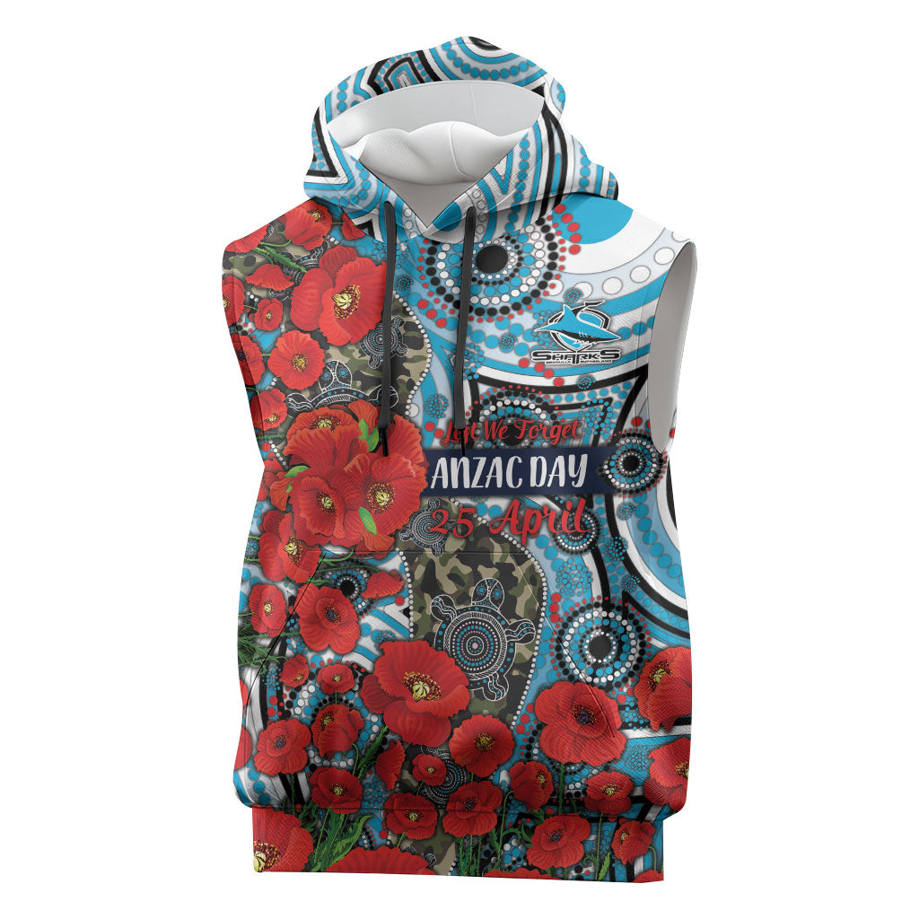 Personalised Cronulla Sharks ANZAC Sleeveless Hoodie Indigenous Wave Pattern Poppy Remembrance Shark Warrior