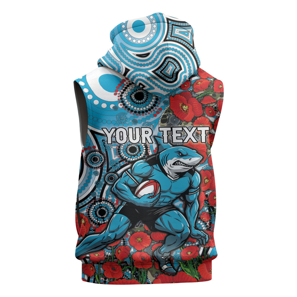 Personalised Cronulla Sharks ANZAC Sleeveless Hoodie Indigenous Wave Pattern Poppy Remembrance Shark Warrior