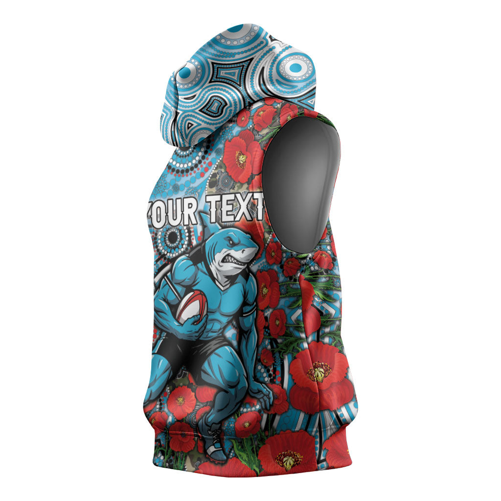 Personalised Cronulla Sharks ANZAC Sleeveless Hoodie Indigenous Wave Pattern Poppy Remembrance Shark Warrior