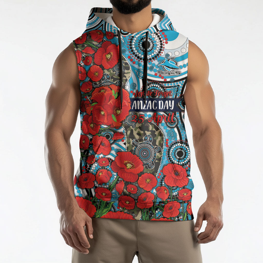 Personalised Cronulla Sharks ANZAC Sleeveless Hoodie Indigenous Wave Pattern Poppy Remembrance Shark Warrior