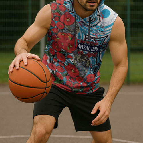Personalised Cronulla Sharks ANZAC Sleeveless Hoodie Indigenous Wave Pattern Poppy Remembrance Shark Warrior