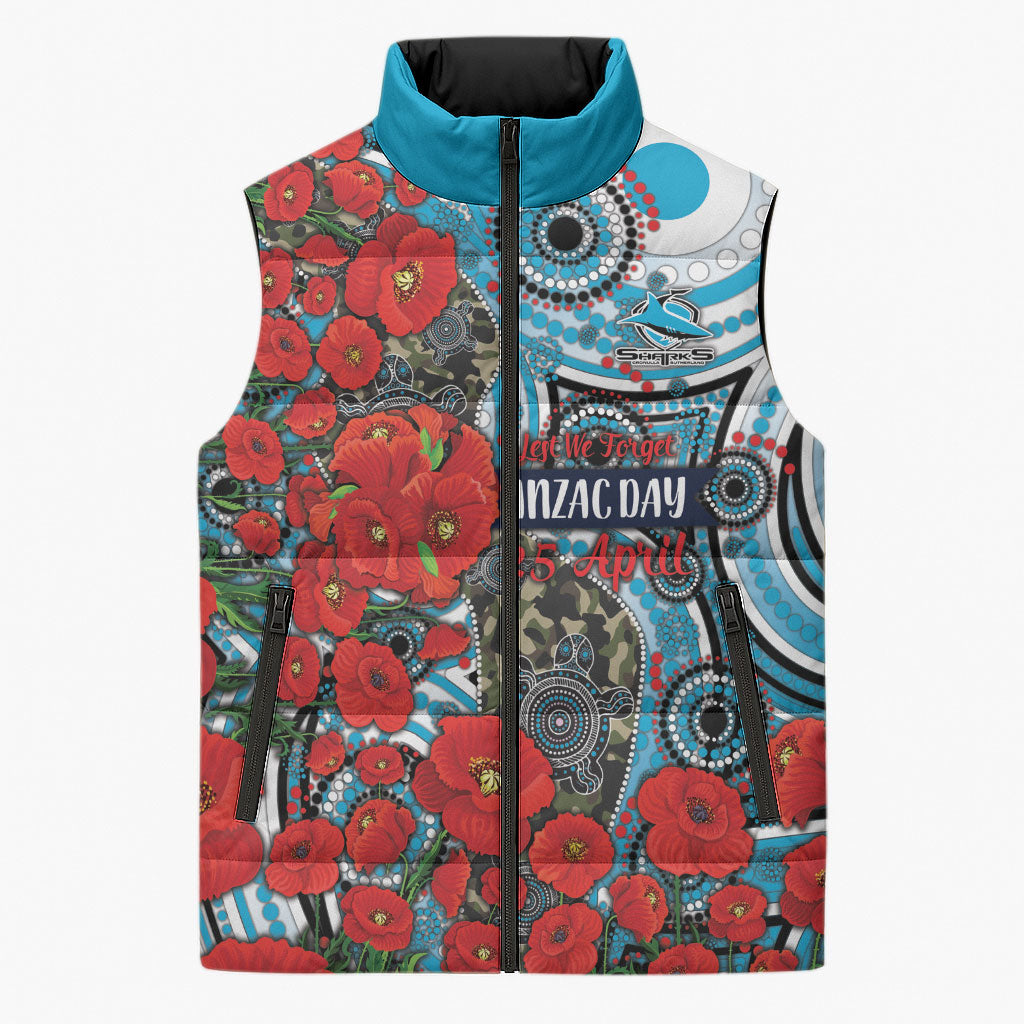 Personalised Cronulla Sharks ANZAC Sleeveless Puffer Jacket Indigenous Wave Pattern Poppy Remembrance Shark Warrior