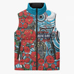 Personalised Cronulla Sharks ANZAC Sleeveless Puffer Jacket Indigenous Wave Pattern Poppy Remembrance Shark Warrior