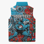 Personalised Cronulla Sharks ANZAC Sleeveless Puffer Jacket Indigenous Wave Pattern Poppy Remembrance Shark Warrior