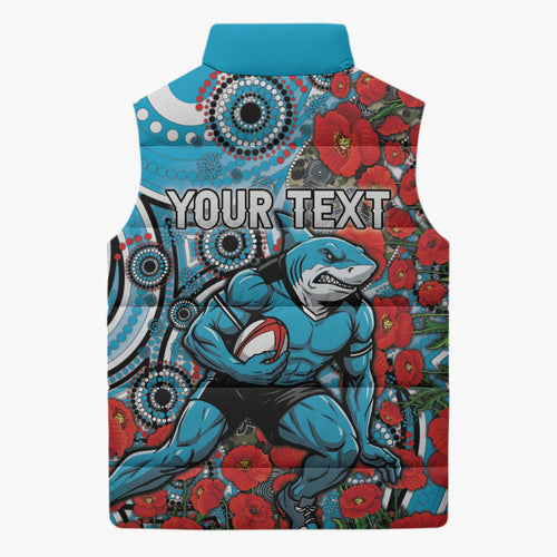 Personalised Cronulla Sharks ANZAC Sleeveless Puffer Jacket Indigenous Wave Pattern Poppy Remembrance Shark Warrior