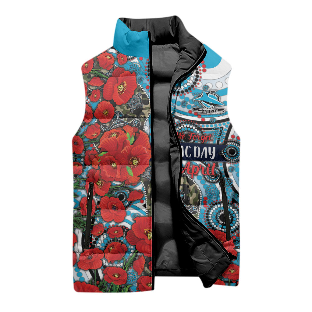 Personalised Cronulla Sharks ANZAC Sleeveless Puffer Jacket Indigenous Wave Pattern Poppy Remembrance Shark Warrior