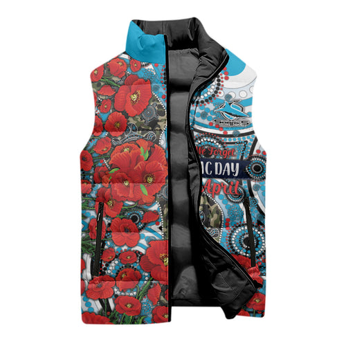 Personalised Cronulla Sharks ANZAC Sleeveless Puffer Jacket Indigenous Wave Pattern Poppy Remembrance Shark Warrior