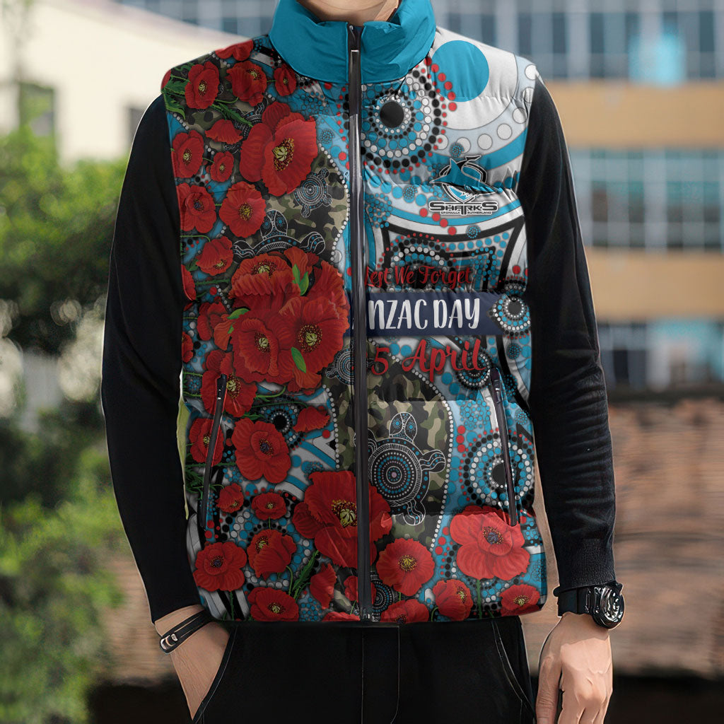 Personalised Cronulla Sharks ANZAC Sleeveless Puffer Jacket Indigenous Wave Pattern Poppy Remembrance Shark Warrior