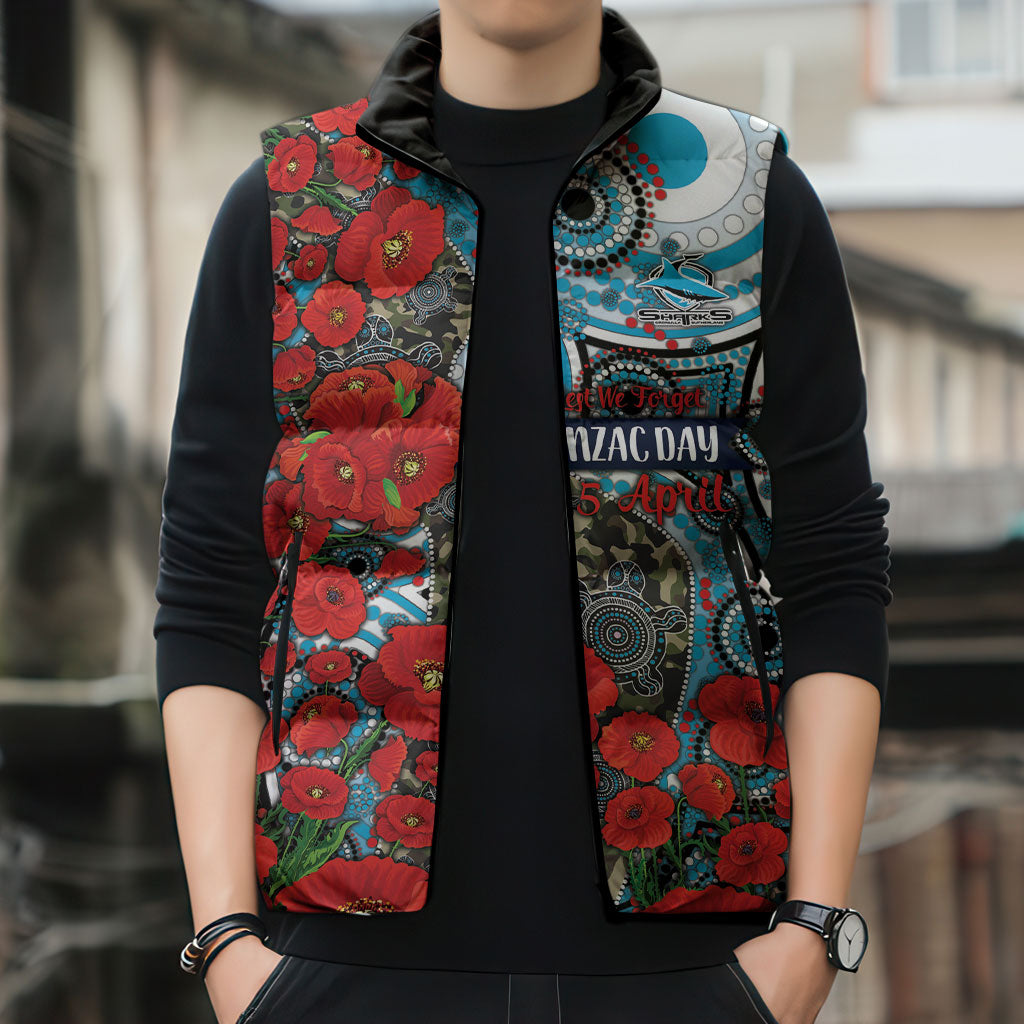 Personalised Cronulla Sharks ANZAC Sleeveless Puffer Jacket Indigenous Wave Pattern Poppy Remembrance Shark Warrior