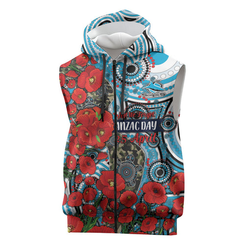 Personalised Cronulla Sharks ANZAC Sleeveless Zip Hoodie Indigenous Wave Pattern Poppy Remembrance Shark Warrior