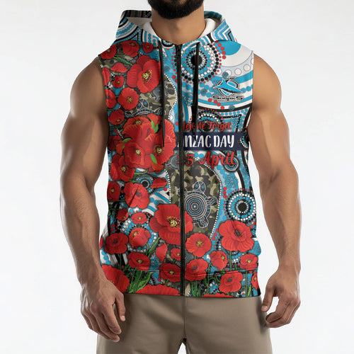 Personalised Cronulla Sharks ANZAC Sleeveless Zip Hoodie Indigenous Wave Pattern Poppy Remembrance Shark Warrior