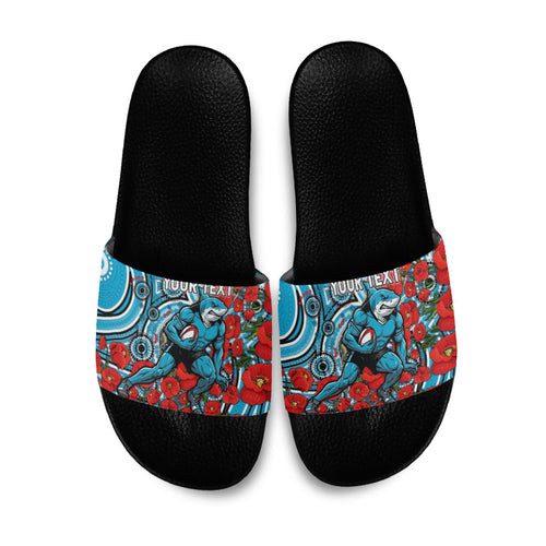 Personalised Cronulla Sharks ANZAC Slide Sandals Indigenous Wave Pattern Poppy Remembrance Shark Warrior