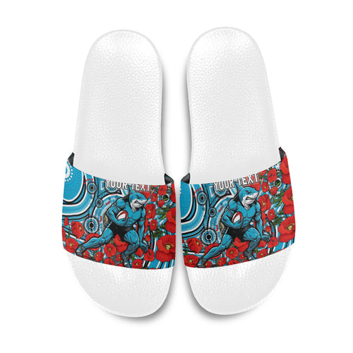 Personalised Cronulla Sharks ANZAC Slide Sandals Indigenous Wave Pattern Poppy Remembrance Shark Warrior