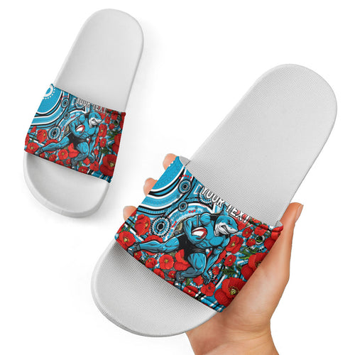 Personalised Cronulla Sharks ANZAC Slide Sandals Indigenous Wave Pattern Poppy Remembrance Shark Warrior