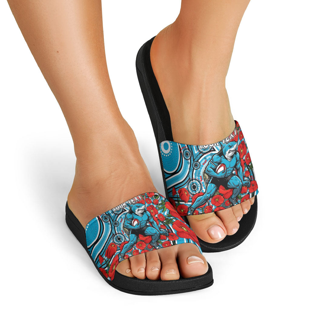Personalised Cronulla Sharks ANZAC Slide Sandals Indigenous Wave Pattern Poppy Remembrance Shark Warrior