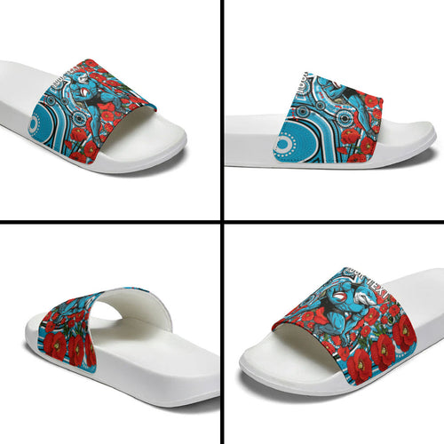 Personalised Cronulla Sharks ANZAC Slide Sandals Indigenous Wave Pattern Poppy Remembrance Shark Warrior