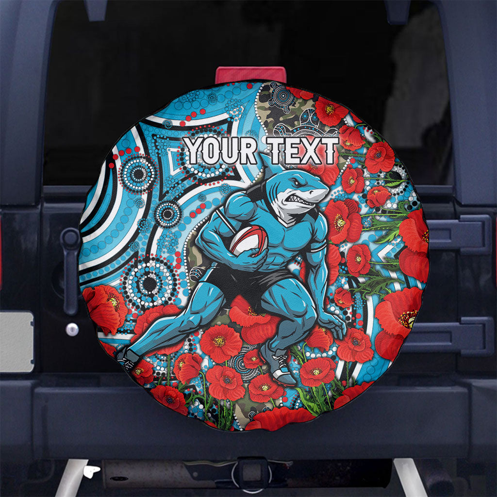 Personalised Cronulla Sharks ANZAC Spare Tire Cover Indigenous Wave Pattern Poppy Remembrance Shark Warrior