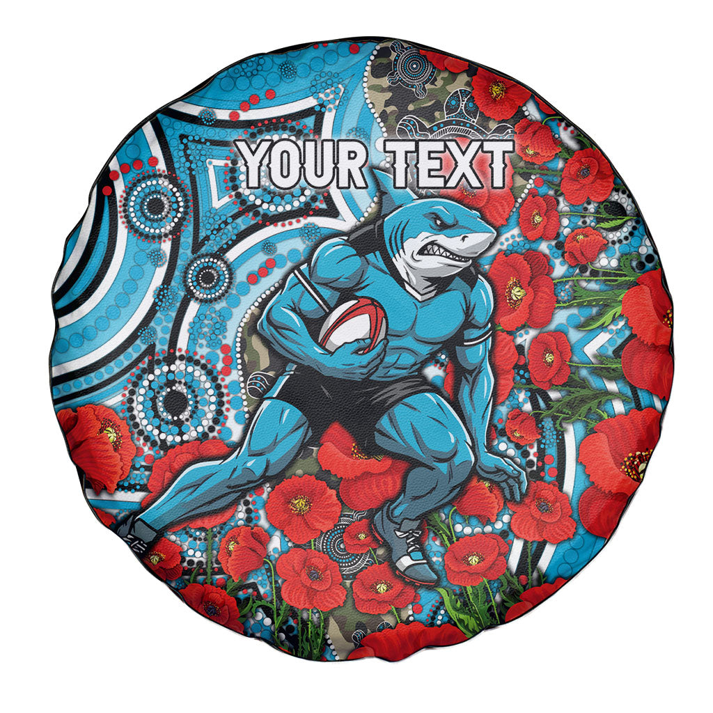 Personalised Cronulla Sharks ANZAC Spare Tire Cover Indigenous Wave Pattern Poppy Remembrance Shark Warrior