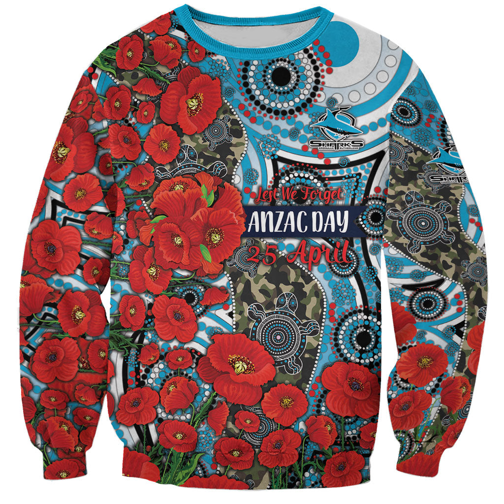 Personalised Cronulla Sharks ANZAC Sweatshirt Indigenous Wave Pattern Poppy Remembrance Shark Warrior