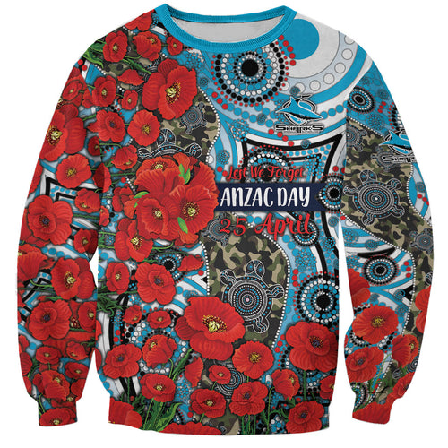Personalised Cronulla Sharks ANZAC Sweatshirt Indigenous Wave Pattern Poppy Remembrance Shark Warrior