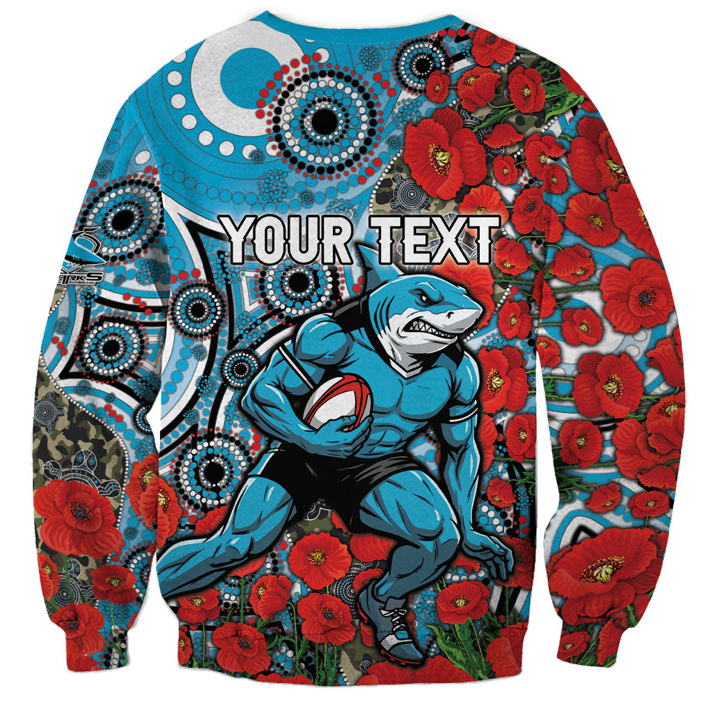 Personalised Cronulla Sharks ANZAC Sweatshirt Indigenous Wave Pattern Poppy Remembrance Shark Warrior