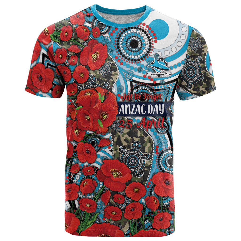 Personalised Cronulla Sharks ANZAC T Shirt Indigenous Wave Pattern Poppy Remembrance Shark Warrior