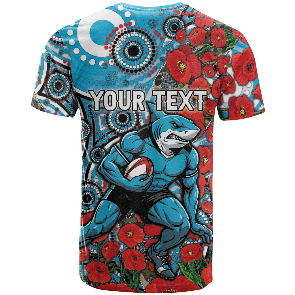 Personalised Cronulla Sharks ANZAC T Shirt Indigenous Wave Pattern Poppy Remembrance Shark Warrior