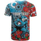 Personalised Cronulla Sharks ANZAC T Shirt Indigenous Wave Pattern Poppy Remembrance Shark Warrior