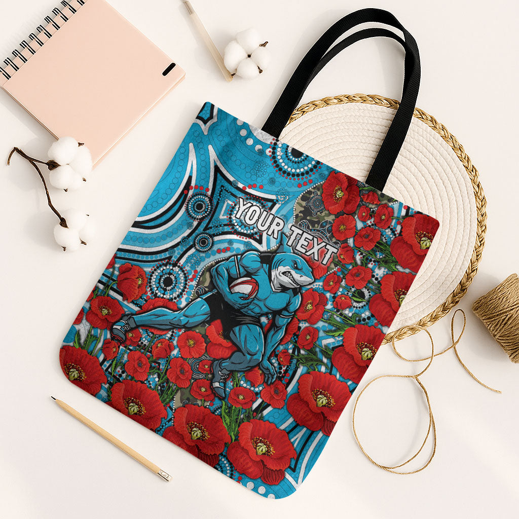 Personalised Cronulla Sharks ANZAC Tote Bag Indigenous Wave Pattern Poppy Remembrance Shark Warrior