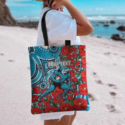 Personalised Cronulla Sharks ANZAC Tote Bag Indigenous Wave Pattern Poppy Remembrance Shark Warrior