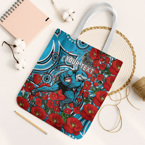 Personalised Cronulla Sharks ANZAC Tote Bag Indigenous Wave Pattern Poppy Remembrance Shark Warrior