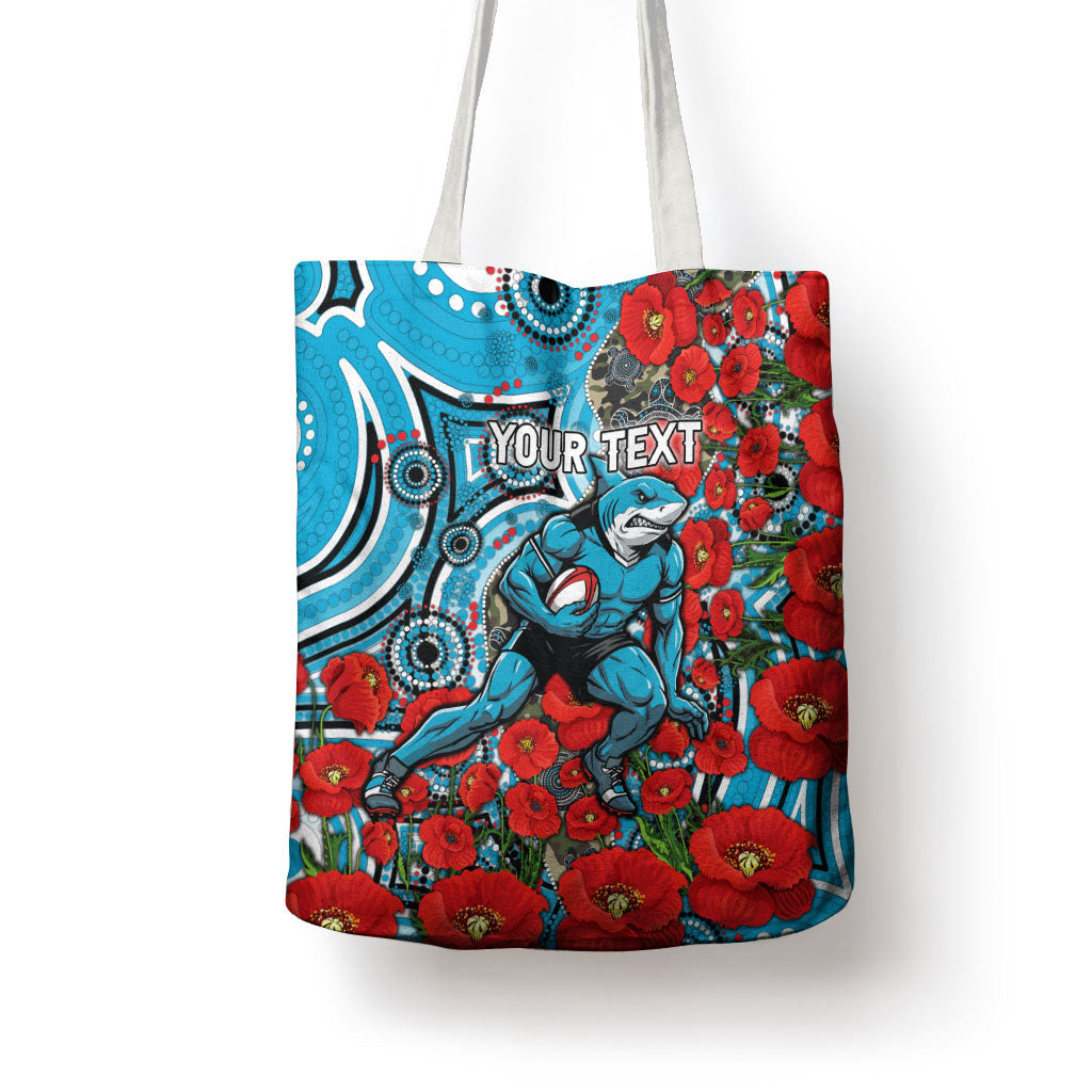 Personalised Cronulla Sharks ANZAC Tote Bag Indigenous Wave Pattern Poppy Remembrance Shark Warrior