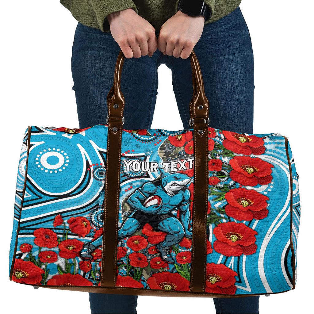 Personalised Cronulla Sharks ANZAC Travel Bag Indigenous Wave Pattern Poppy Remembrance Shark Warrior
