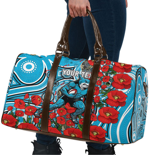 Personalised Cronulla Sharks ANZAC Travel Bag Indigenous Wave Pattern Poppy Remembrance Shark Warrior