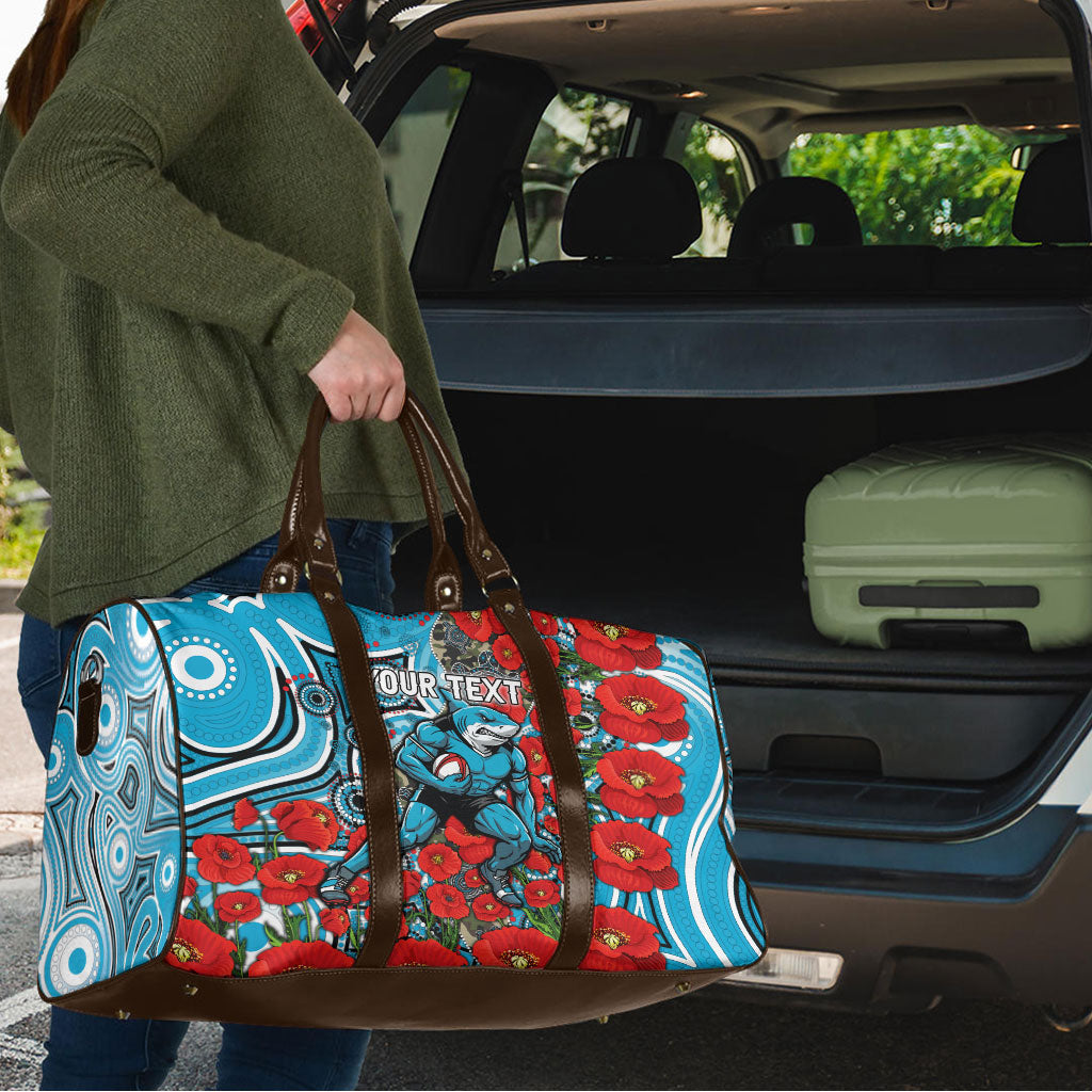 Personalised Cronulla Sharks ANZAC Travel Bag Indigenous Wave Pattern Poppy Remembrance Shark Warrior