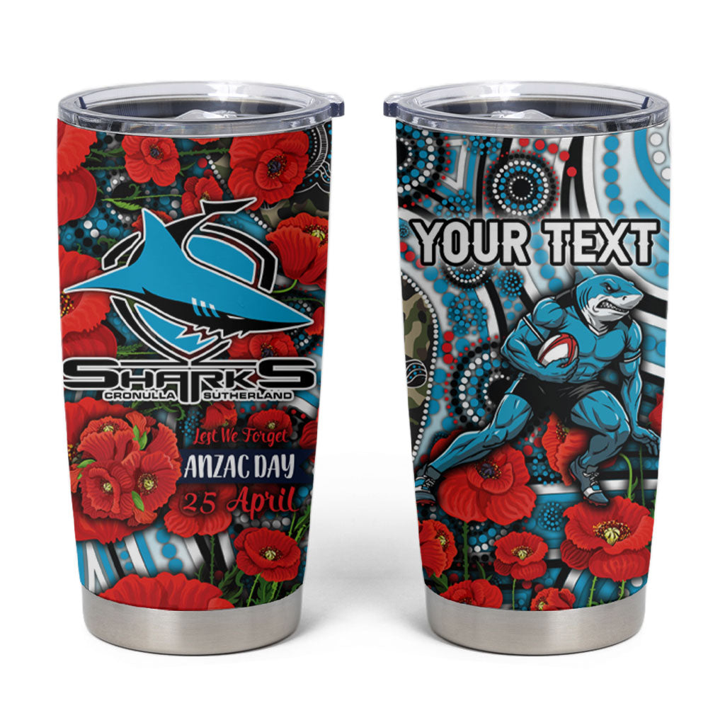 Personalised Cronulla Sharks ANZAC Tumbler Cup Indigenous Wave Pattern Poppy Remembrance Shark Warrior