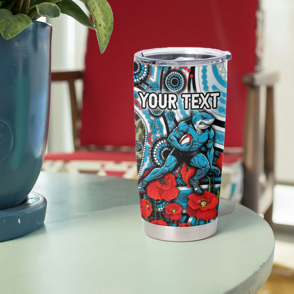 Personalised Cronulla Sharks ANZAC Tumbler Cup Indigenous Wave Pattern Poppy Remembrance Shark Warrior