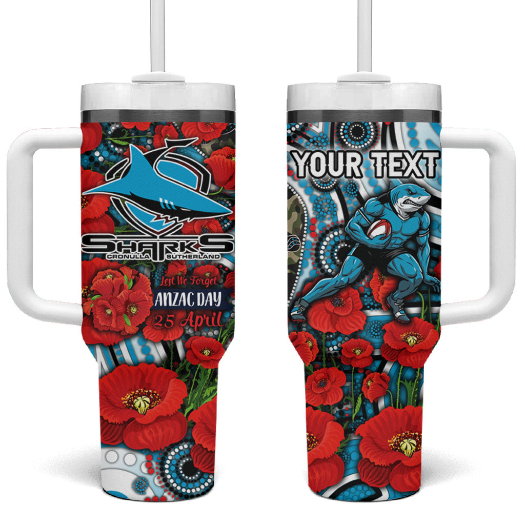 Personalised Cronulla Sharks ANZAC Tumbler With Handle Indigenous Wave Pattern Poppy Remembrance Shark Warrior
