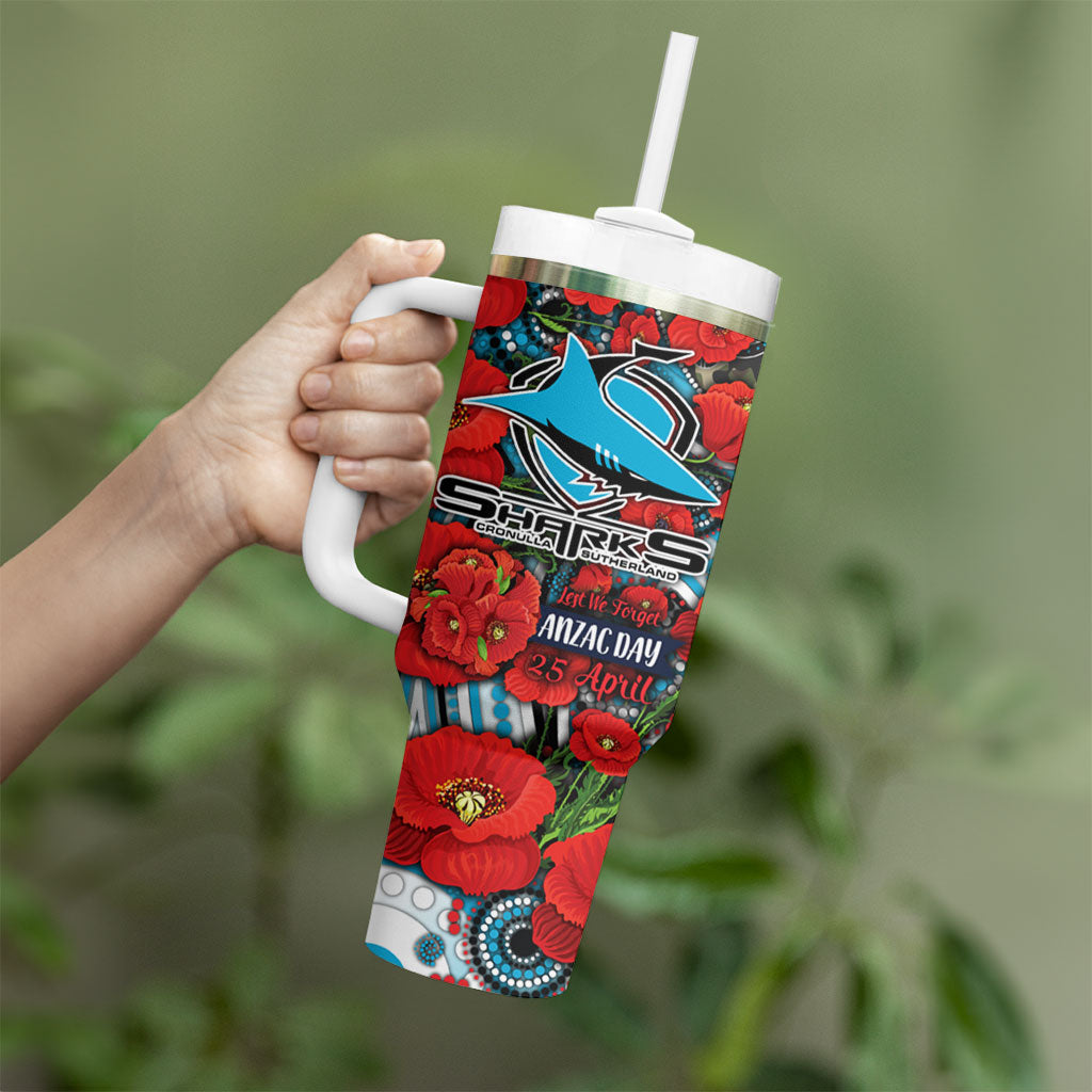 Personalised Cronulla Sharks ANZAC Tumbler With Handle Indigenous Wave Pattern Poppy Remembrance Shark Warrior