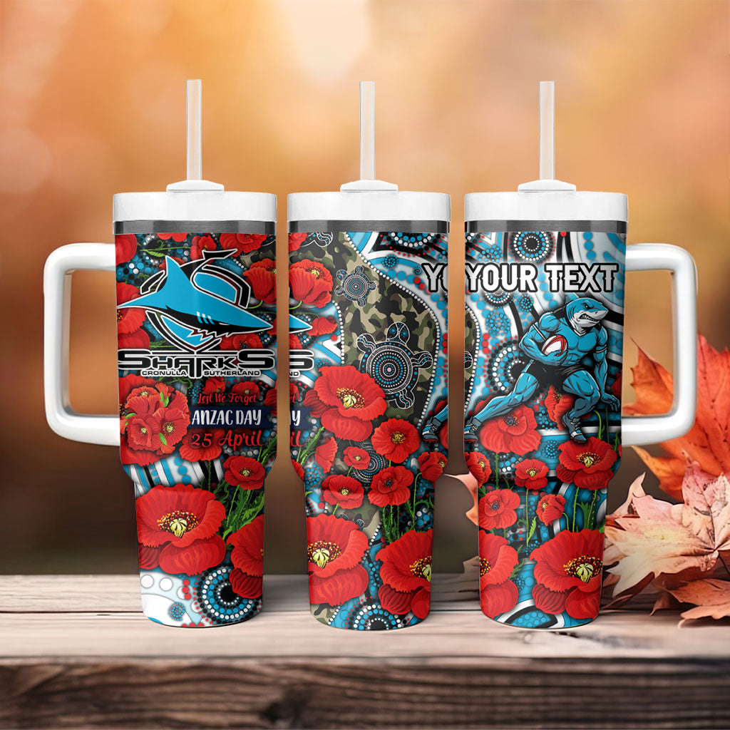 Personalised Cronulla Sharks ANZAC Tumbler With Handle Indigenous Wave Pattern Poppy Remembrance Shark Warrior