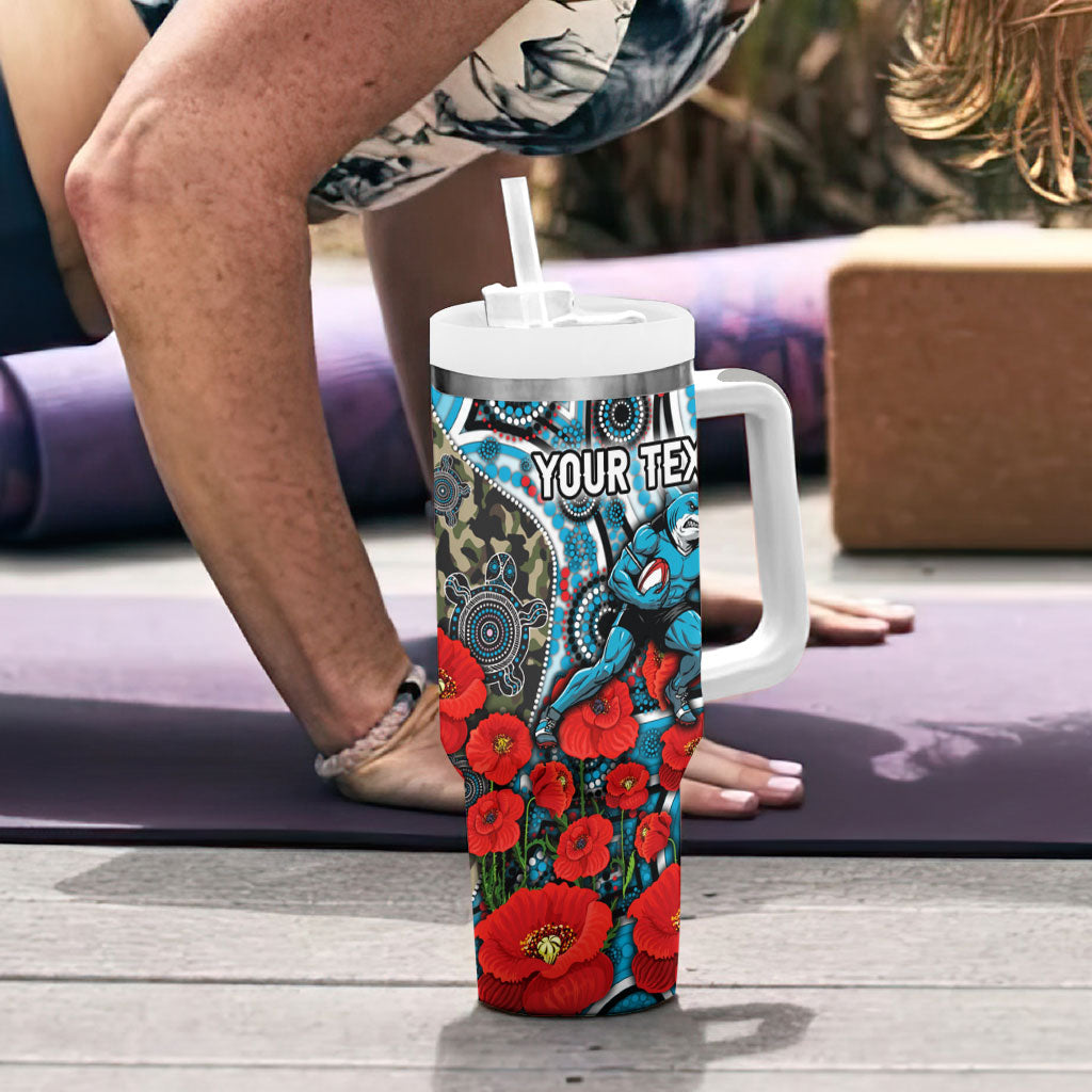 Personalised Cronulla Sharks ANZAC Tumbler With Handle Indigenous Wave Pattern Poppy Remembrance Shark Warrior