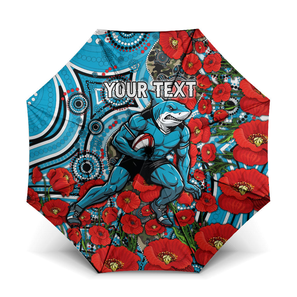 Personalised Cronulla Sharks ANZAC Umbrella Indigenous Wave Pattern Poppy Remembrance Shark Warrior