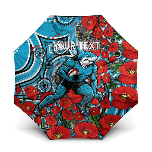 Personalised Cronulla Sharks ANZAC Umbrella Indigenous Wave Pattern Poppy Remembrance Shark Warrior