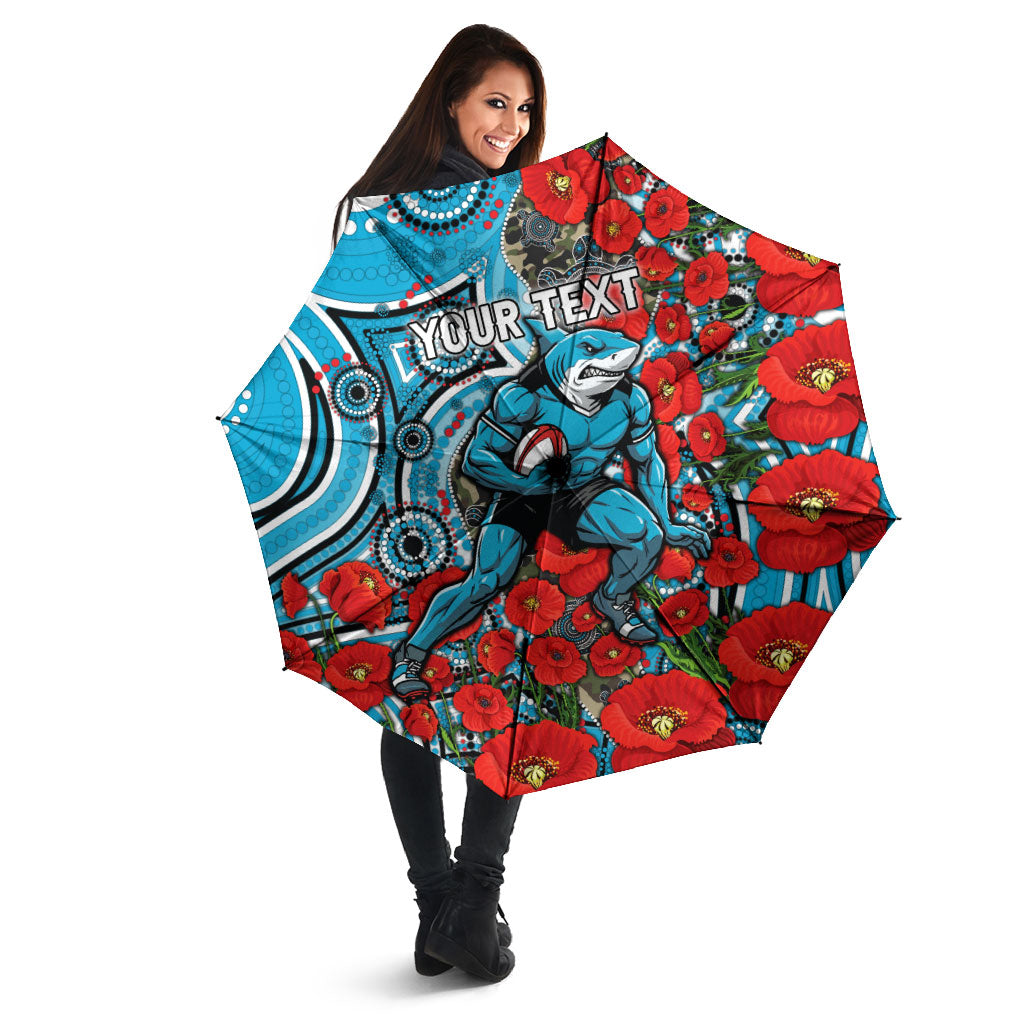 Personalised Cronulla Sharks ANZAC Umbrella Indigenous Wave Pattern Poppy Remembrance Shark Warrior
