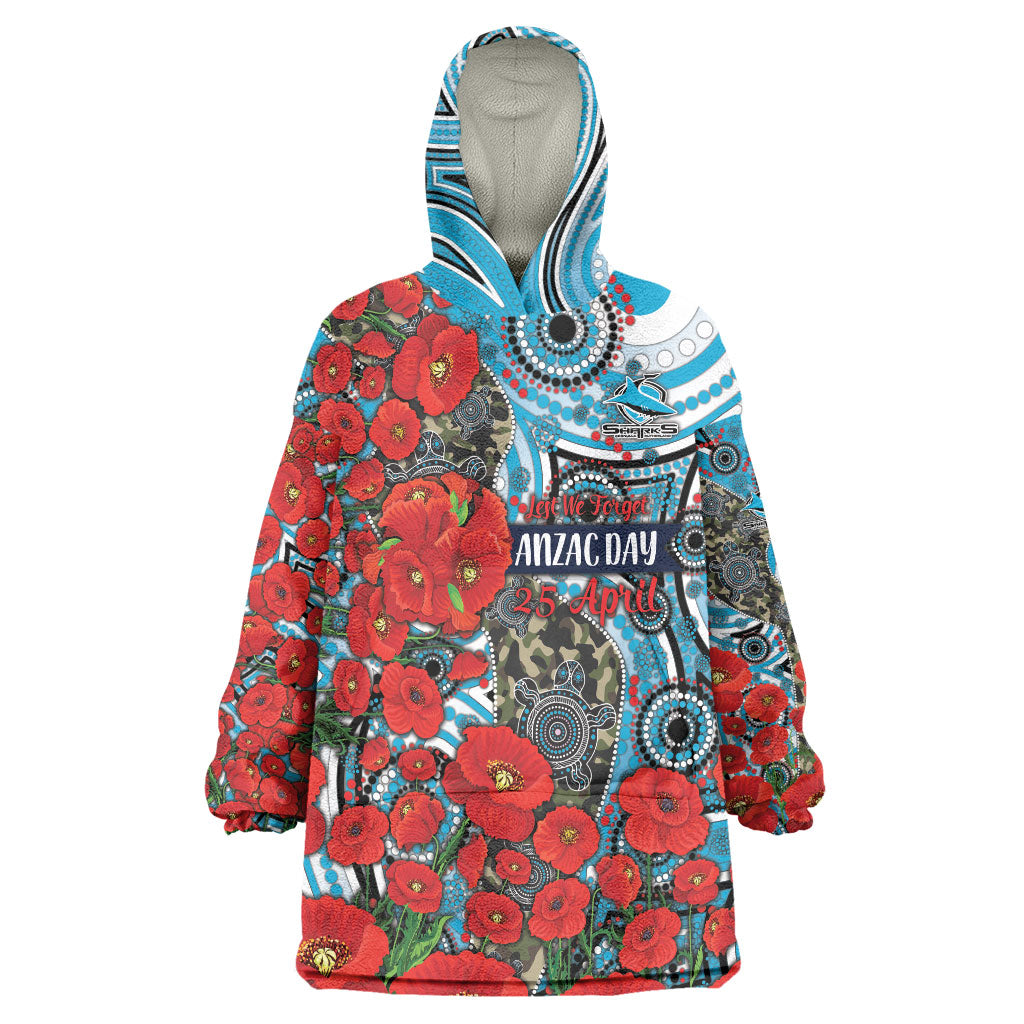 Personalised Cronulla Sharks ANZAC Wearable Blanket Hoodie Indigenous Wave Pattern Poppy Remembrance Shark Warrior