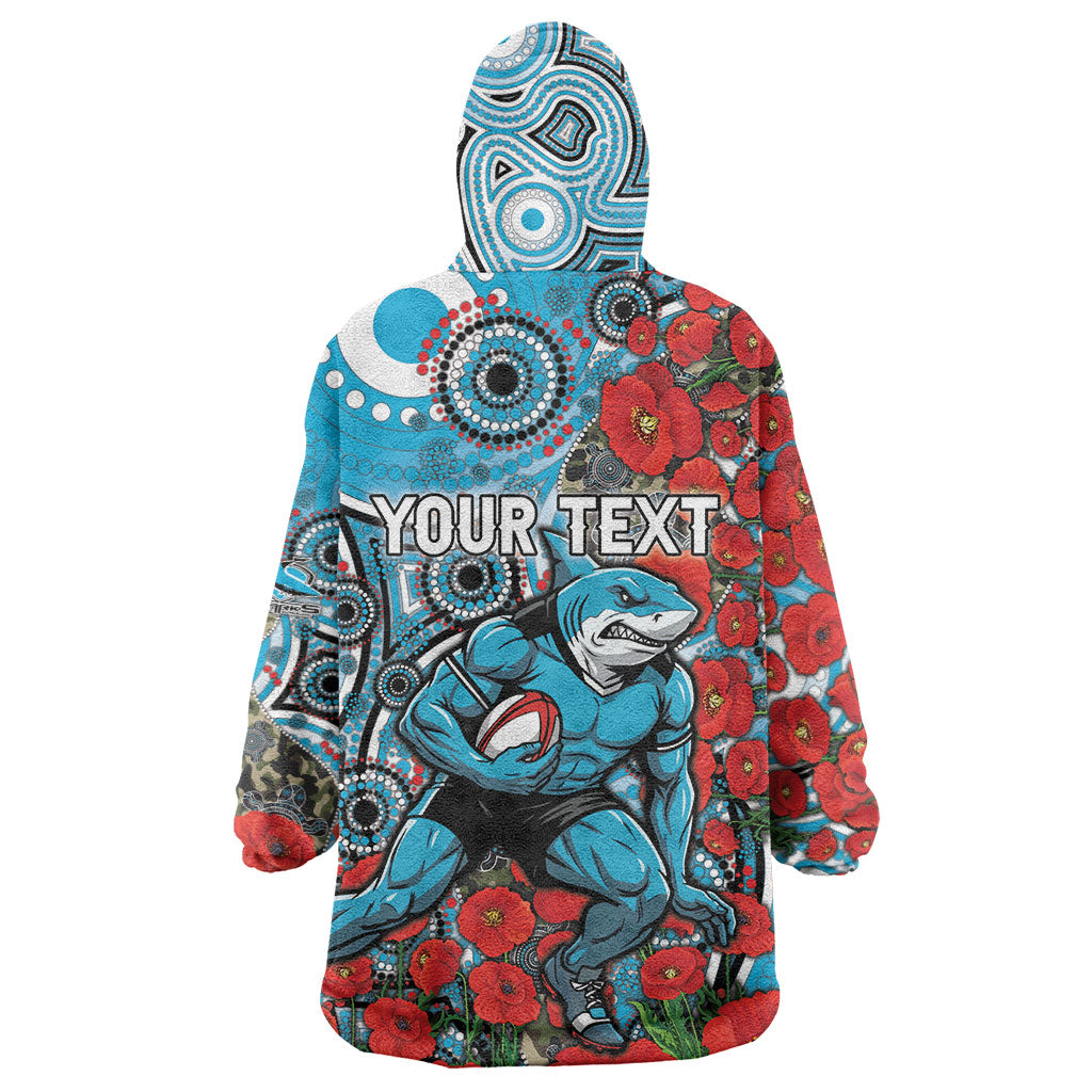 Personalised Cronulla Sharks ANZAC Wearable Blanket Hoodie Indigenous Wave Pattern Poppy Remembrance Shark Warrior