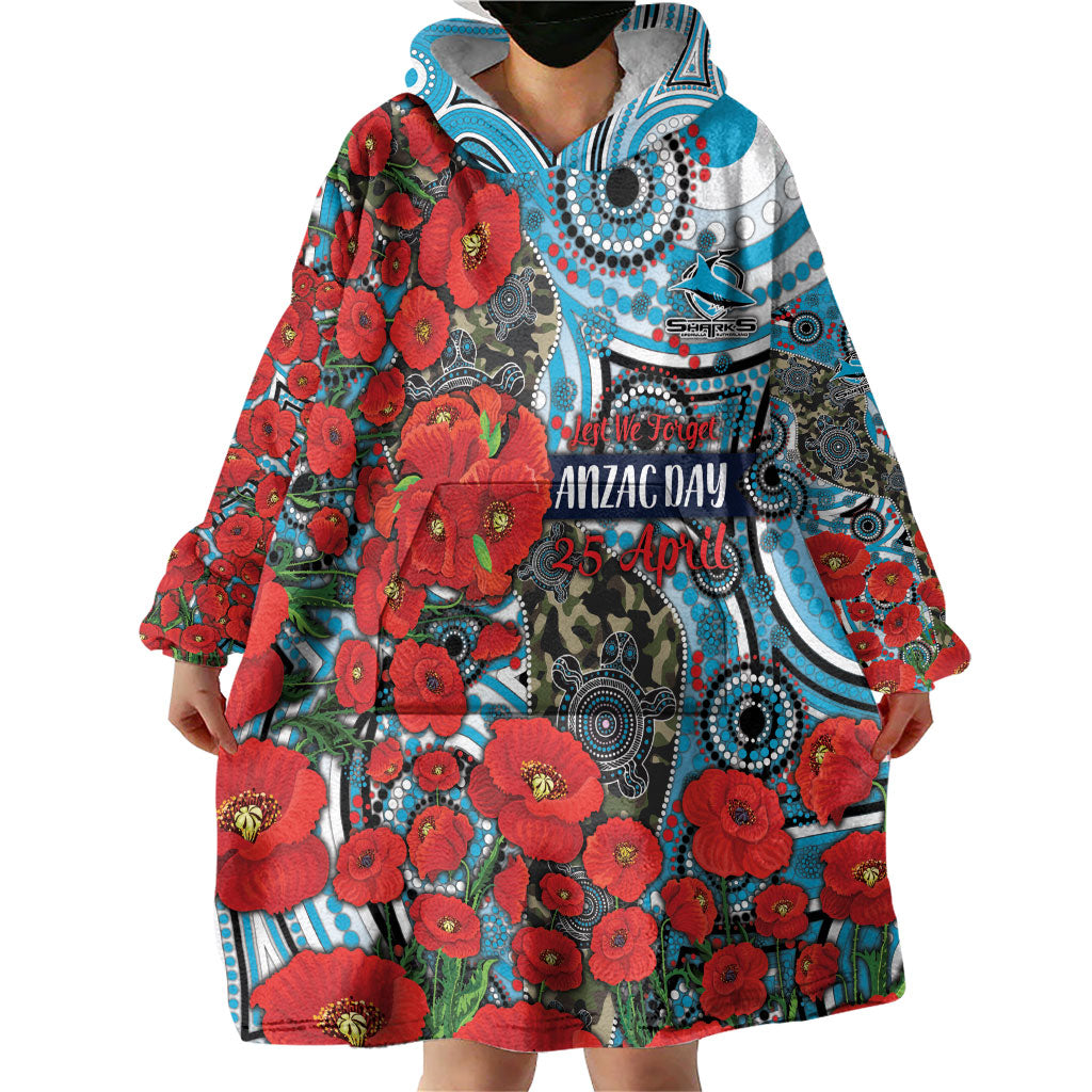 Personalised Cronulla Sharks ANZAC Wearable Blanket Hoodie Indigenous Wave Pattern Poppy Remembrance Shark Warrior