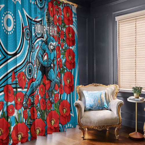 Personalised Cronulla Sharks ANZAC Window Curtain Indigenous Wave Pattern Poppy Remembrance Shark Warrior
