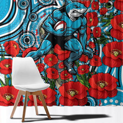 Personalised Cronulla Sharks ANZAC Window Curtain Indigenous Wave Pattern Poppy Remembrance Shark Warrior
